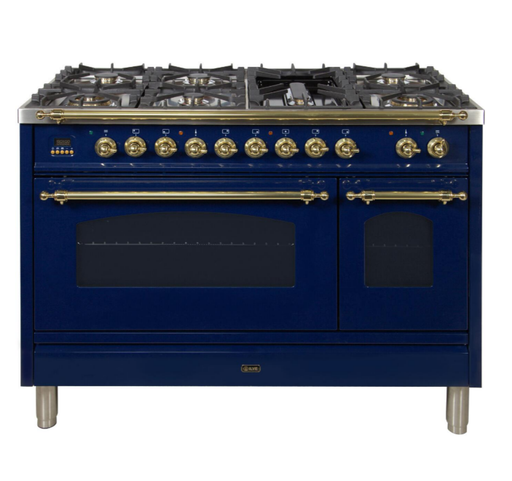 ILVE Nostalgie 48" Dual Fuel Natural Gas Freestanding Range, Blue, Brass Trim UPN120FDMPBL - Farmhouse Kitchen and Bath