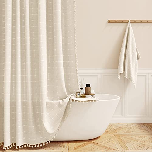 BTTN Boho Farmhouse Shower Curtain - Linen Rustic Heavy Duty Fabric Shower Curtain Set with Tassel, Water Repellent, Modern Bohemian French Country Thick Bathroom Shower Curtains - Cream/Beige, 72x72 - Farmhouse Kitchen and Bath
