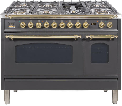 ILVE Nostalgie 48 Inch Dual Fuel Natural Gas Freestanding Range in Matte Graphite with Brass Trim ‎UPN120FDMPMNG - Farmhouse Kitchen and Bath