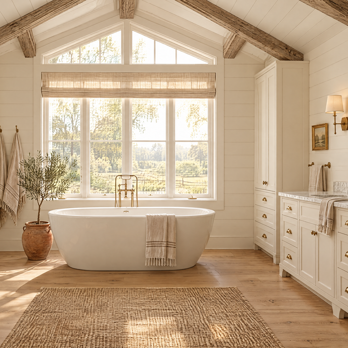 Farmhouse bathroom remodel with freestanding tub, brass fixtures and walk-in shower