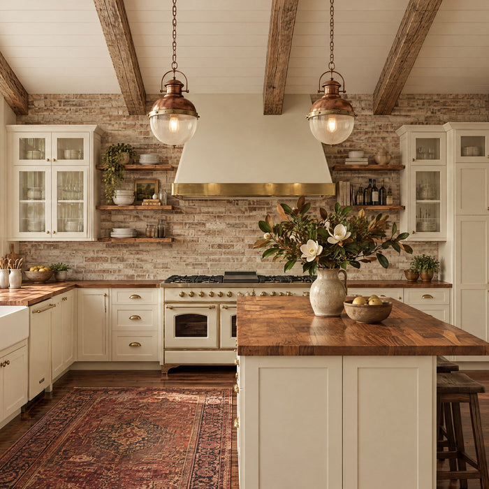 Farmhouse kitchen remodel in Atlanta with cream shaker cabinets and butcher block island