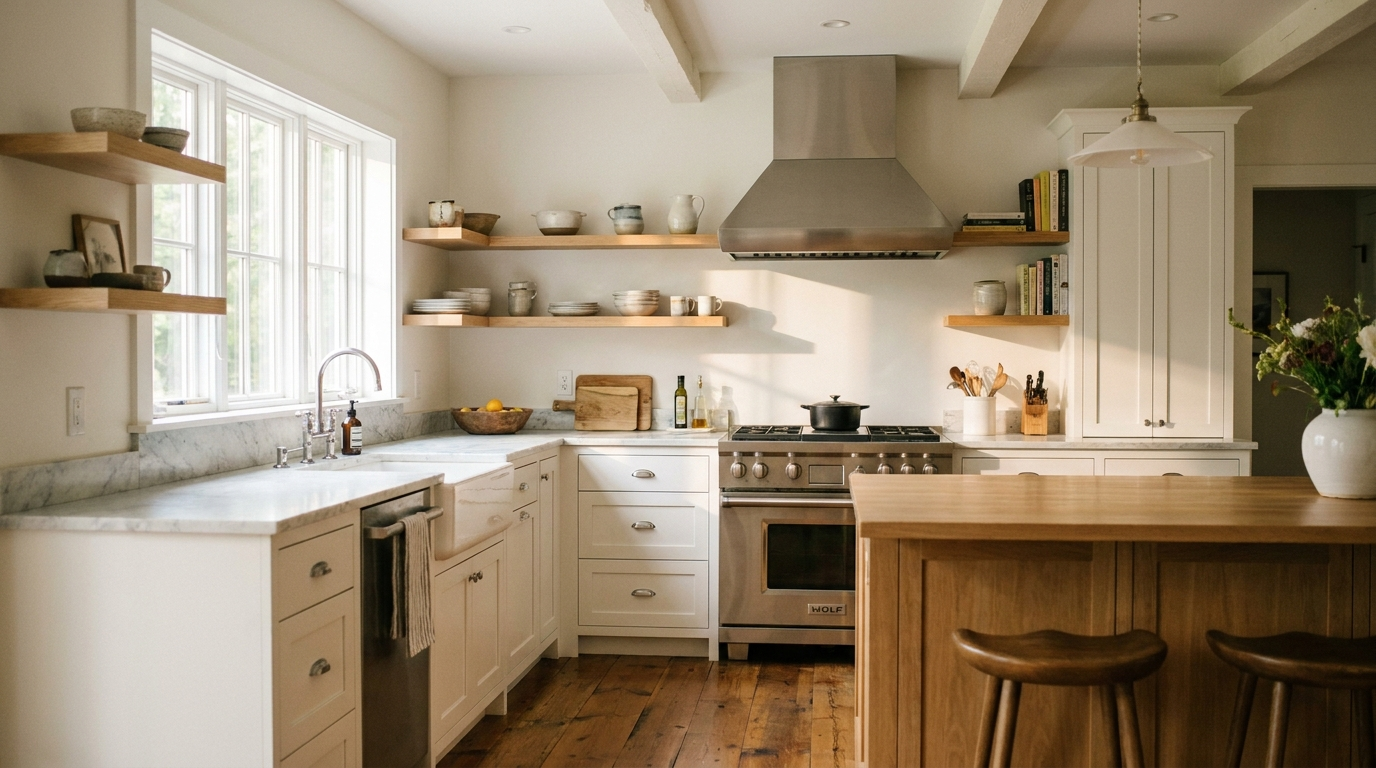 Stainless steel farmhouse wall range hood over a kitchen range