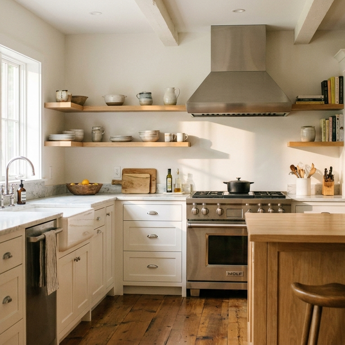 Stainless steel farmhouse wall range hood over a kitchen range