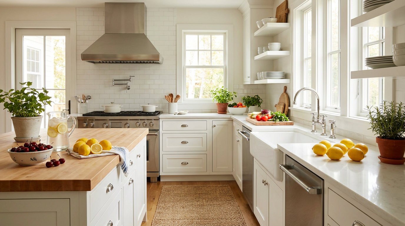 Bright modern farmhouse kitchen with apron-front sink, bridge faucet, and stainless range hood styled for summer entertaining