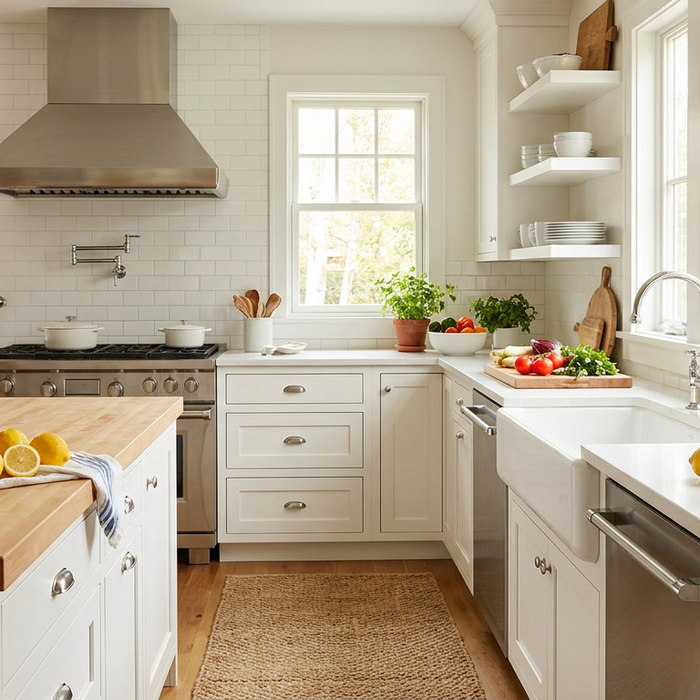 Bright modern farmhouse kitchen with apron-front sink, bridge faucet, and stainless range hood styled for summer entertaining