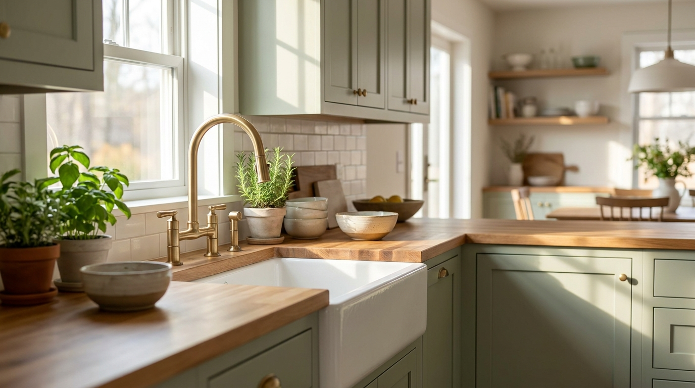 White fireclay apron-front farmhouse sink in a sage-green shaker kitchen with a brushed-gold bridge faucet