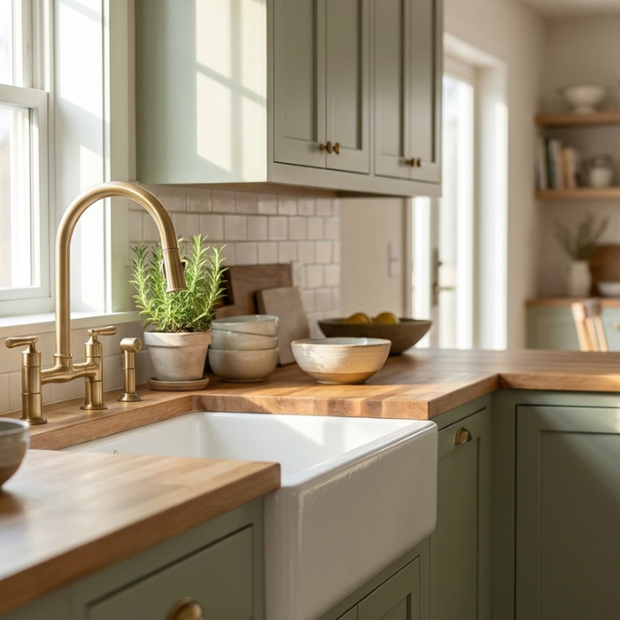 White fireclay apron-front farmhouse sink in a sage-green shaker kitchen with a brushed-gold bridge faucet