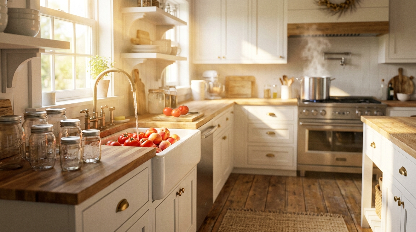 Farmhouse kitchen sink filled with fresh tomatoes and peaches with mason jars ready for canning season