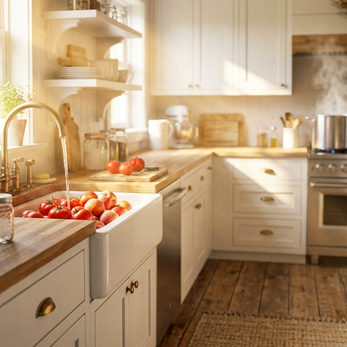 Farmhouse kitchen sink filled with fresh tomatoes and peaches with mason jars ready for canning season