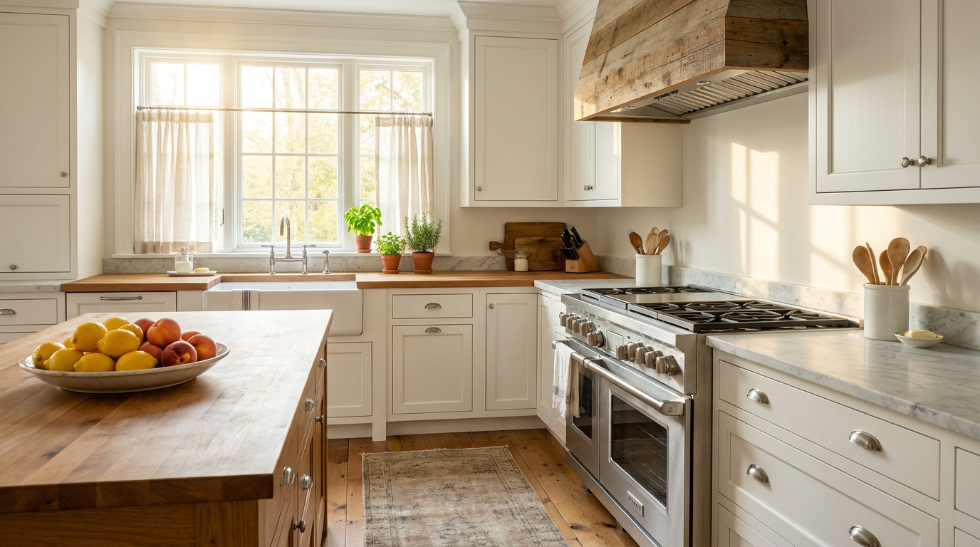 Bright farmhouse kitchen with professional range and wood-trimmed range hood in summer light