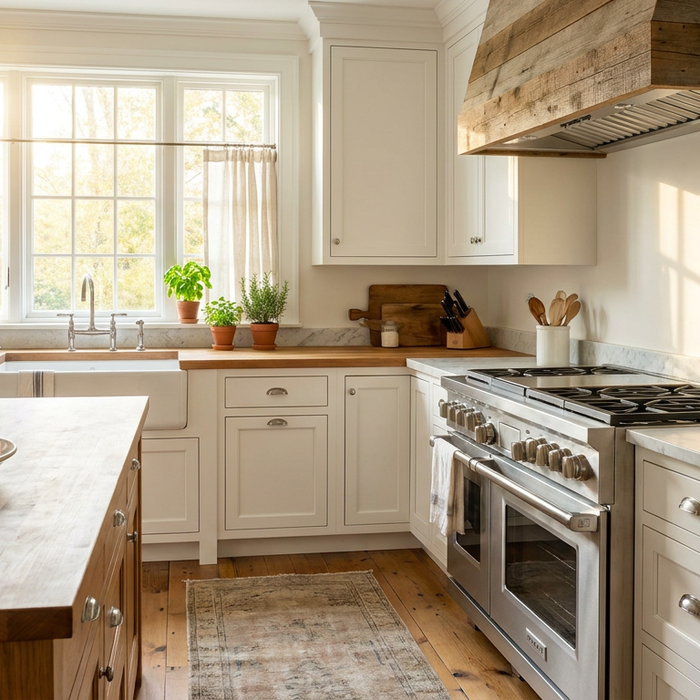 Bright farmhouse kitchen with professional range and wood-trimmed range hood in summer light