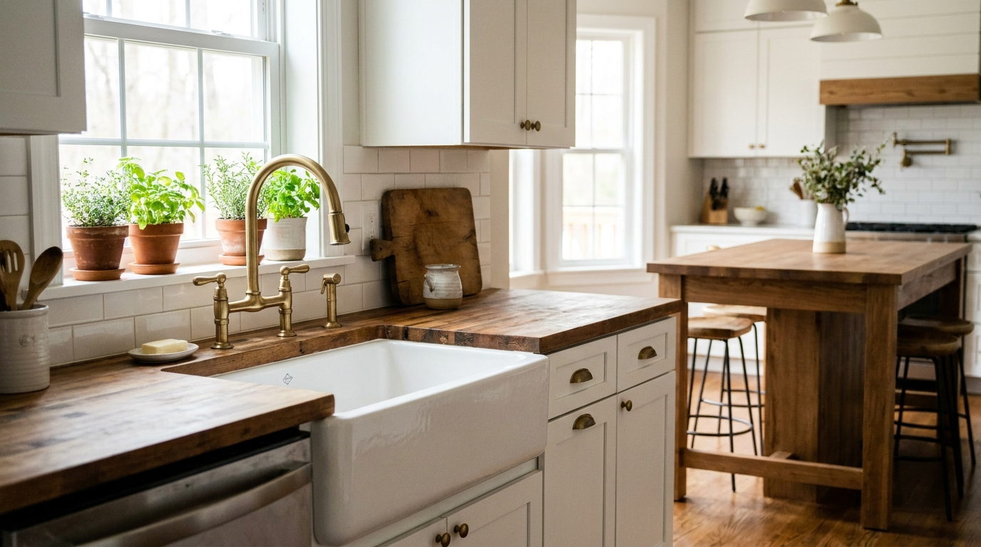 White fireclay farmhouse apron-front sink with a brushed brass gooseneck faucet in a bright farmhouse kitchen