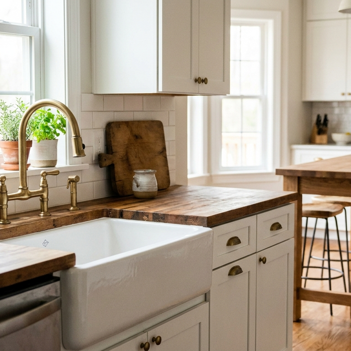 White fireclay farmhouse apron-front sink with a brushed brass gooseneck faucet in a bright farmhouse kitchen