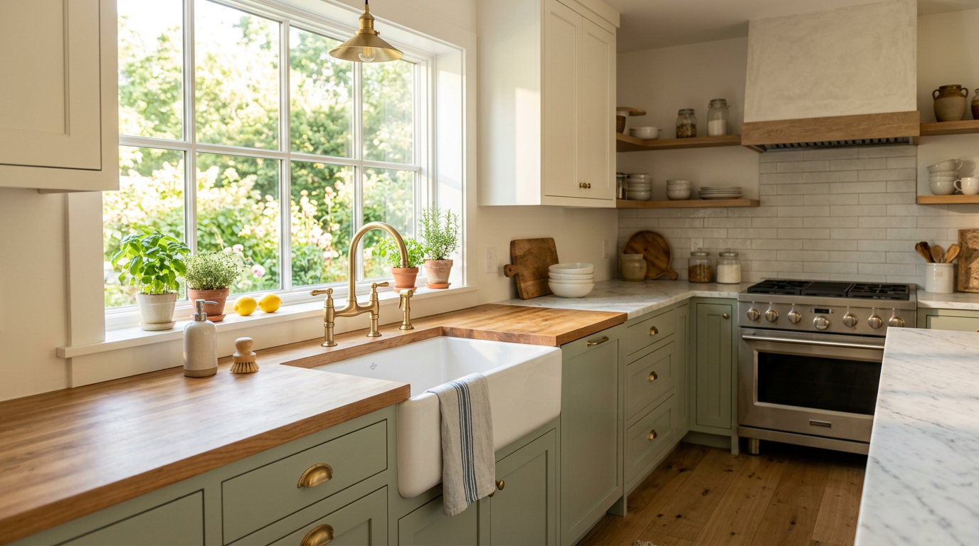 Bright modern farmhouse kitchen in summer light with a white apron-front sink, brushed brass faucet, and wood-clad range hood