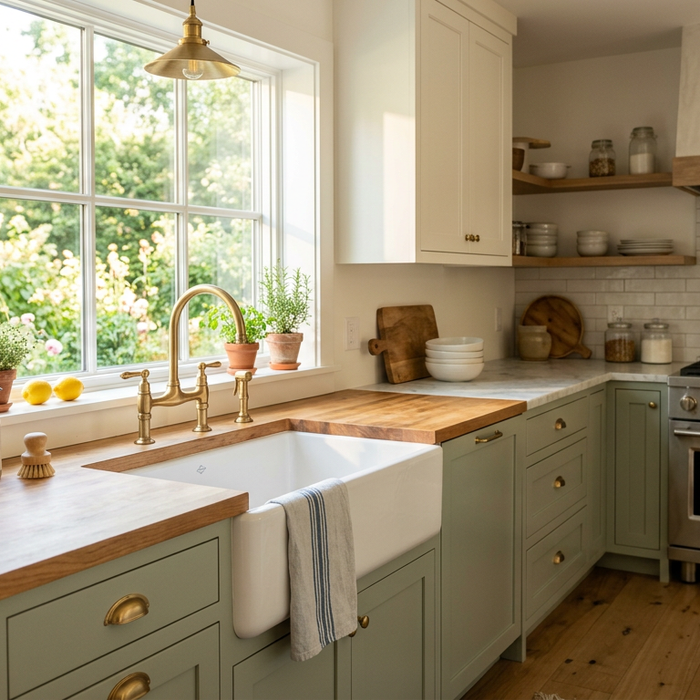 Bright modern farmhouse kitchen in summer light with a white apron-front sink, brushed brass faucet, and wood-clad range hood