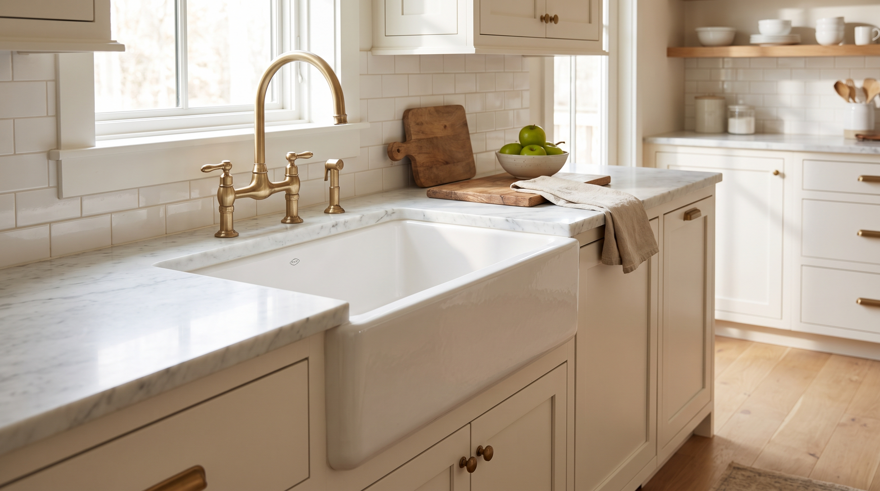 White fireclay apron-front farmhouse sink with a brushed brass bridge faucet in a bright shaker-cabinet kitchen