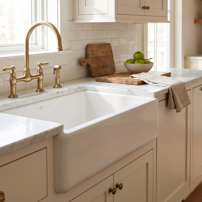 White fireclay apron-front farmhouse sink with a brushed brass bridge faucet in a bright shaker-cabinet kitchen