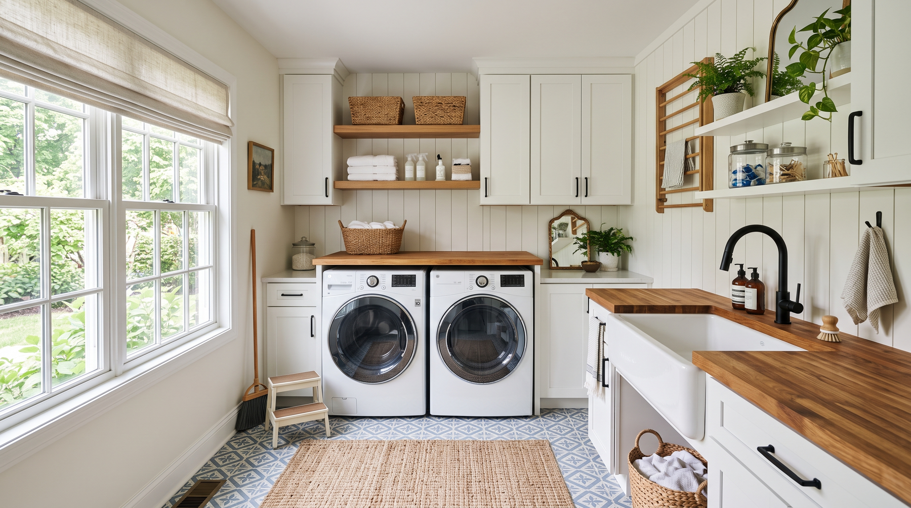 Modern farmhouse laundry room with a deep utility sink, butcher block folding counter, and open shelving
