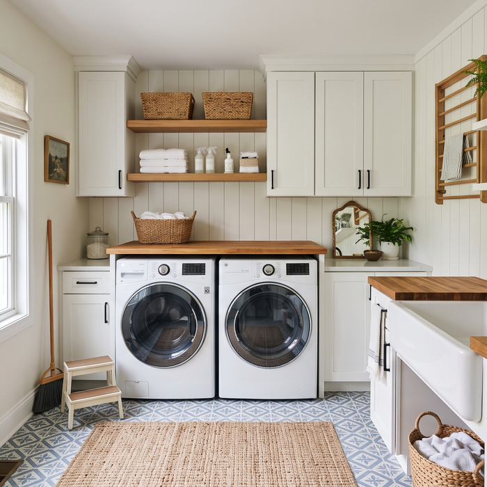 Modern farmhouse laundry room with a deep utility sink, butcher block folding counter, and open shelving