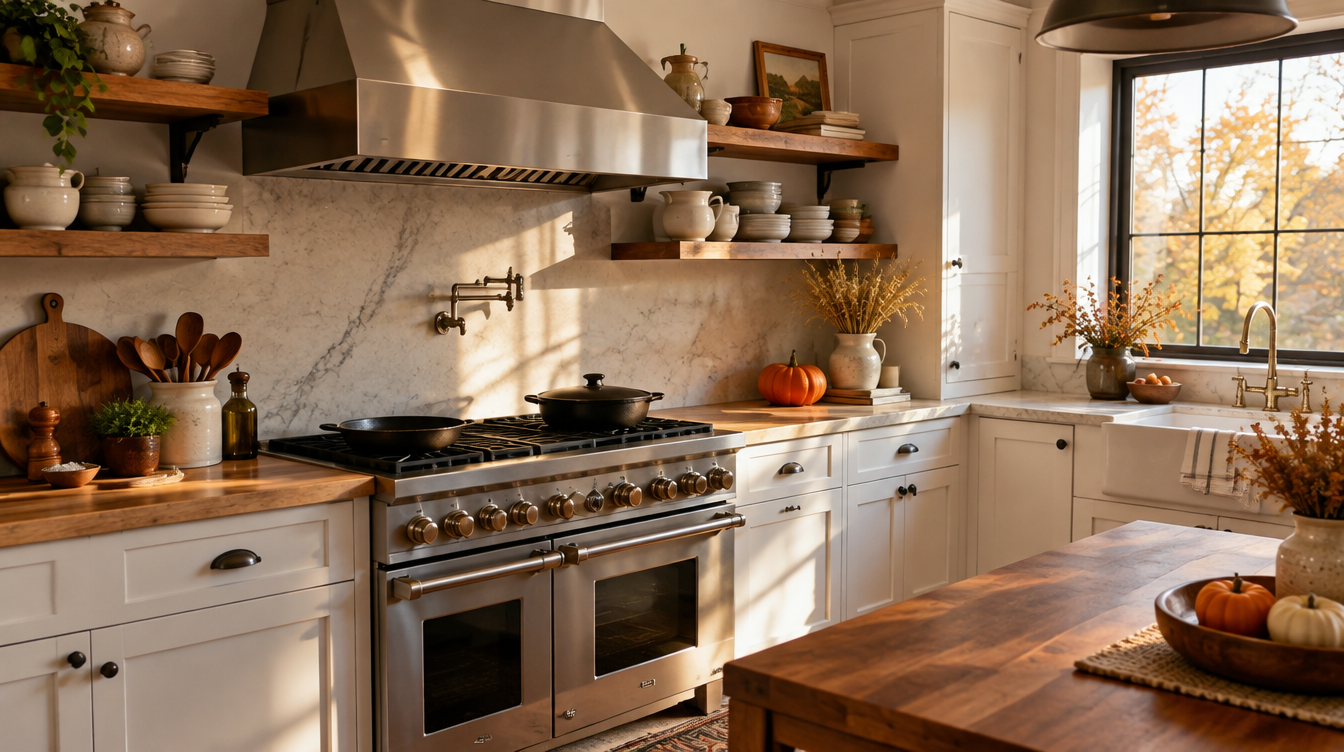 Stainless steel range hood over a gas range in a sunlit farmhouse kitchen with autumn styling