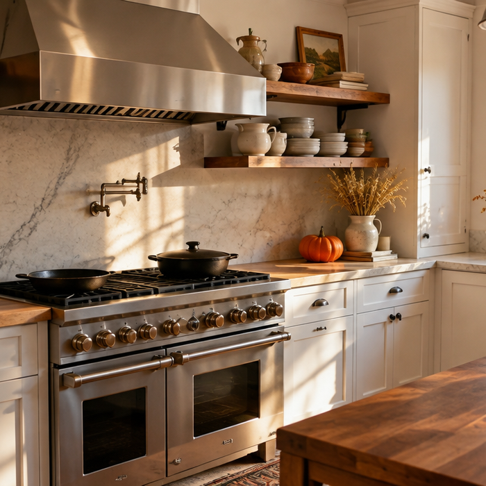 Stainless steel range hood over a gas range in a sunlit farmhouse kitchen with autumn styling