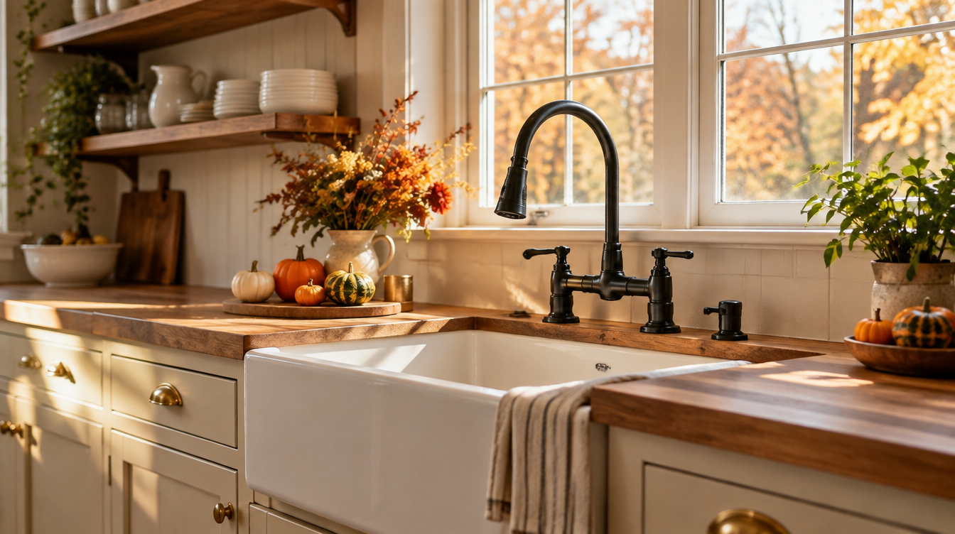 Farmhouse kitchen with fireclay apron-front sink and matte black faucet in autumn light