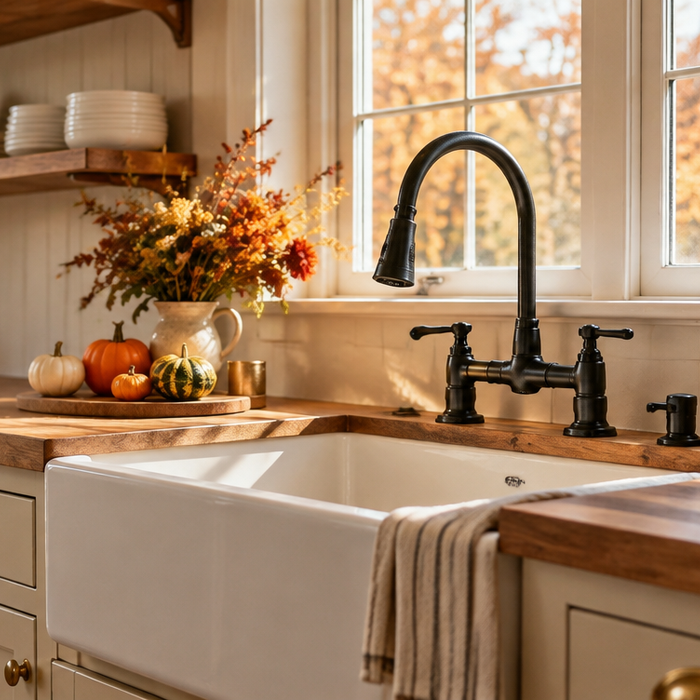 Farmhouse kitchen with fireclay apron-front sink and matte black faucet in autumn light