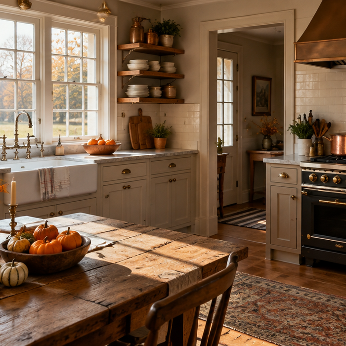 Warm farmhouse kitchen with apron-front sink and range dressed for autumn