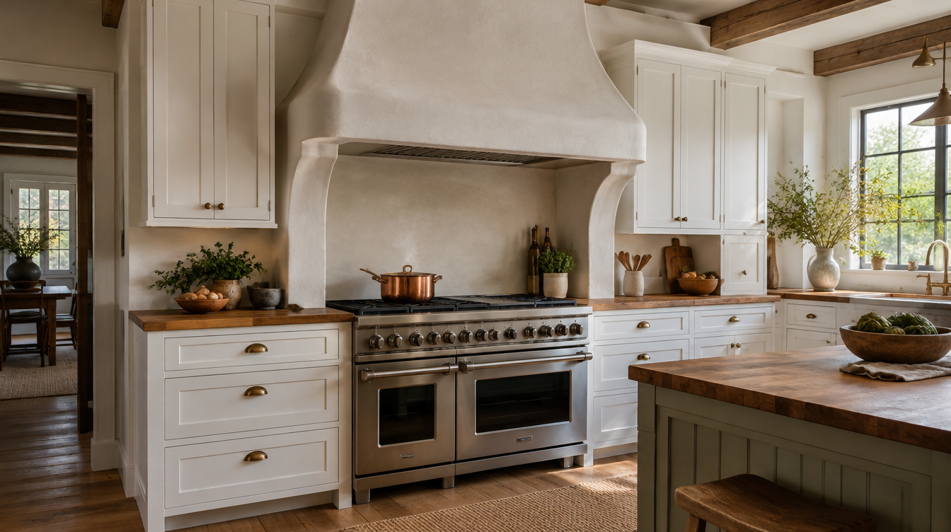 Farmhouse kitchen with a pro-style range and white plaster range hood