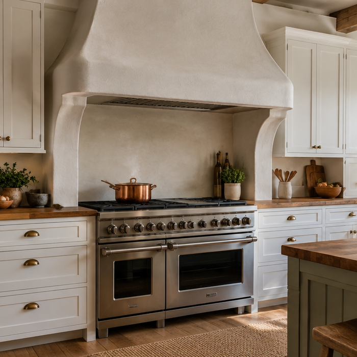 Farmhouse kitchen with a pro-style range and white plaster range hood