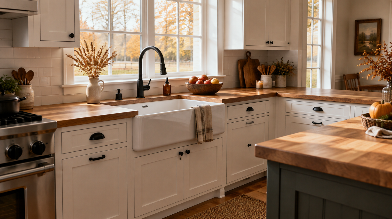 Bright farmhouse kitchen with apron-front sink and autumn touches