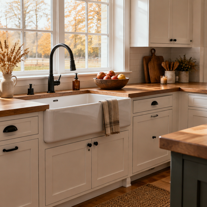 Bright farmhouse kitchen with apron-front sink and autumn touches