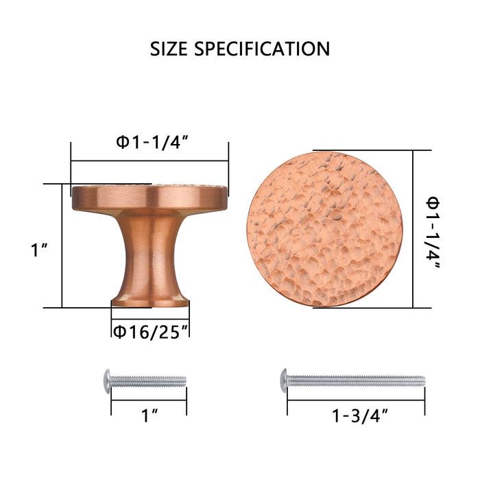 Akicon Hammered Copper Kitchen Cabinet Knobs 1-1/4 inch (32 mm) Diameter 100% Solid Brass Drawer Knob AK01916A-C