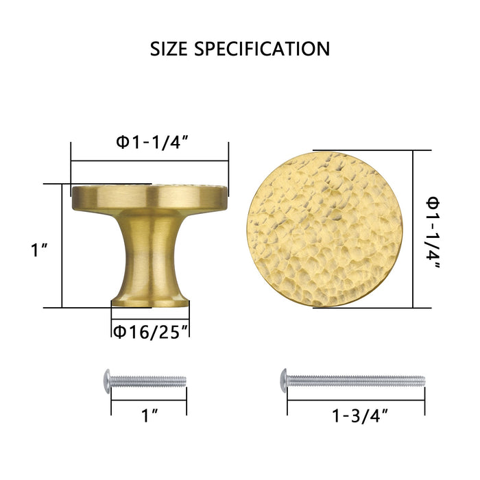 Akicon Hammered Polished Gold Kitchen Cabinet Knobs 1-1/4 inch (32 mm) Diameter 100% Solid Brass Drawer Knob AK01916A-PB