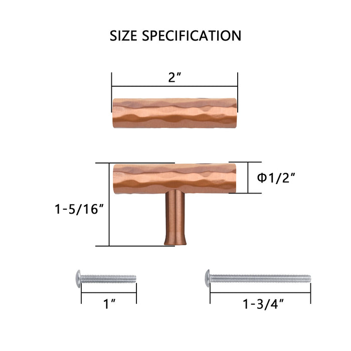 Akicon Hammered Copper Kitchen T Bar Cabinet Pulls 100% Solid Brass Drawer Knob — AK01917A-C-10PACKS