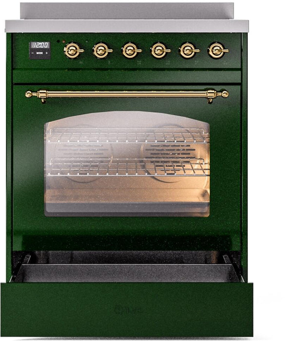 ILVE Nostalgie II 30" Electric Range, Emerald Green, Brass Trim UPI304NMPEGG ILVE