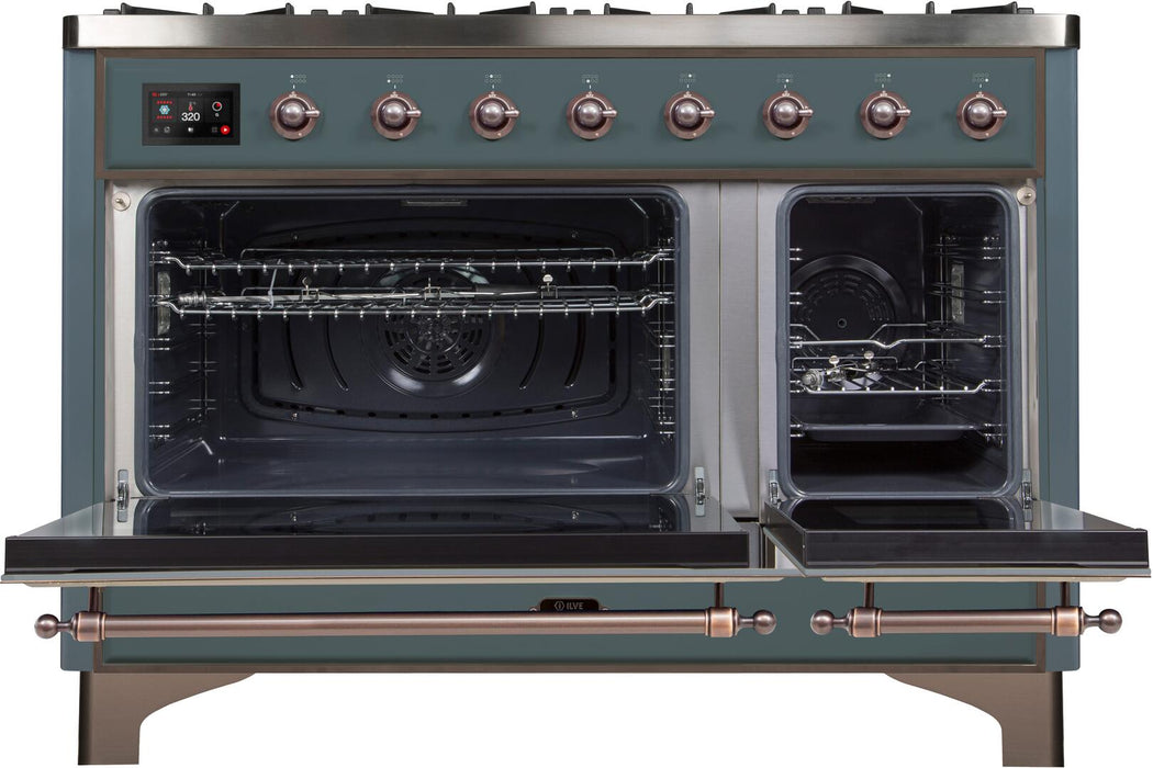 ILVE 48" Majestic II Dual Fuel Range, 8 Sealed Brass Burners, Griddle, Blue Grey, Bronze Trim UM12FDNS3BGB - Farmhouse Kitchen and Bath