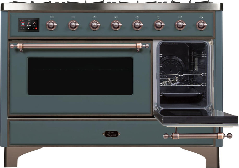 ILVE 48" Majestic II Dual Fuel Range, 8 Sealed Brass Burners, Griddle, Blue Grey, Bronze Trim UM12FDNS3BGB - Farmhouse Kitchen and Bath