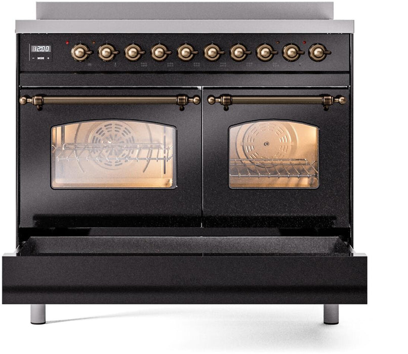 ILVE Nostalgie II 40" Electric Range, Glossy Black, Bronze Trim UPDI406NMPBKB ILVE