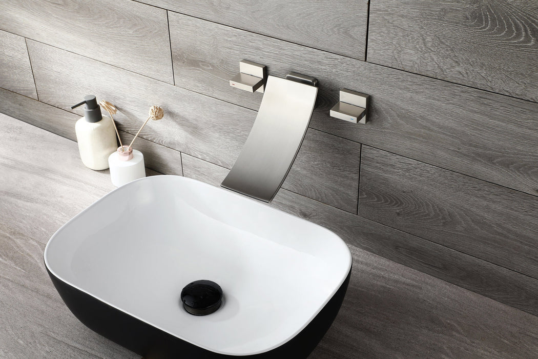 Brushed Nickel Wall Mount Waterfall Bathroom Sink Faucet with Overflow Brass Pop-Up Drain