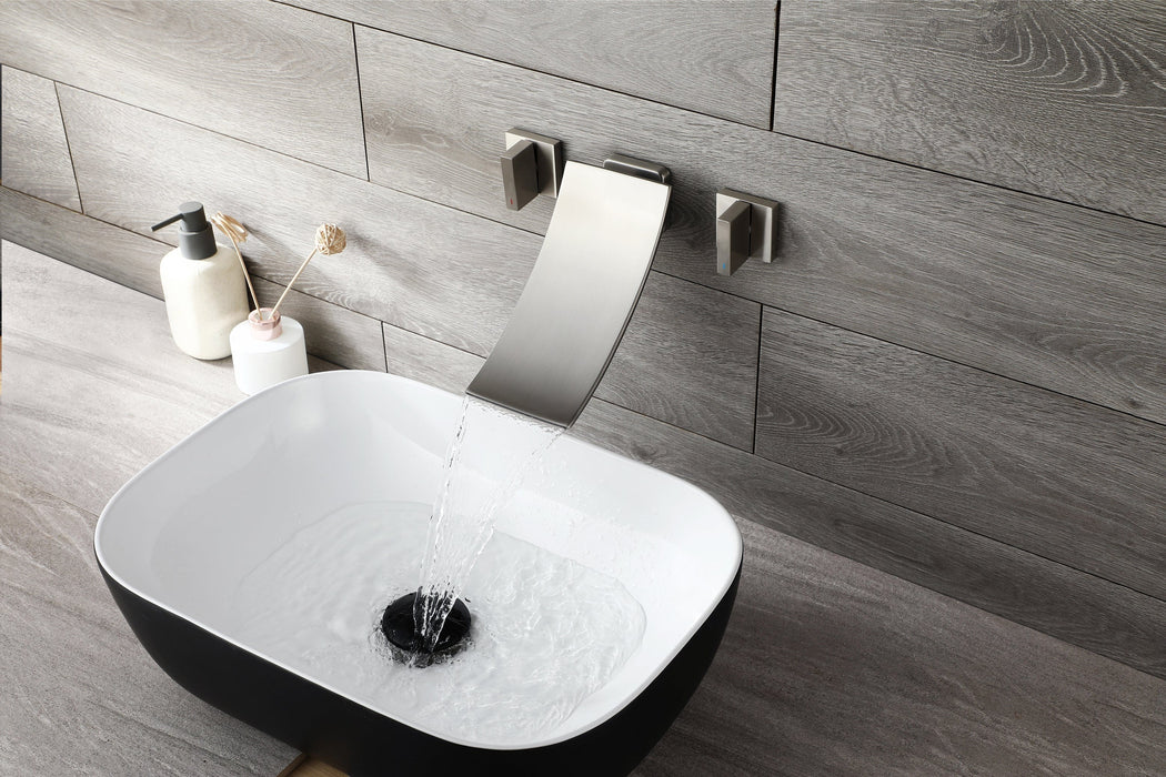 Brushed Nickel Wall Mount Waterfall Bathroom Sink Faucet with Overflow Brass Pop-Up Drain