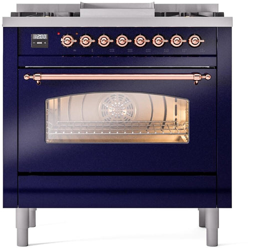 ILVE Nostalgie II 36" Dual Fuel Natural Gas Range, Blue, Copper Trim UP36FNMPMBP ILVE