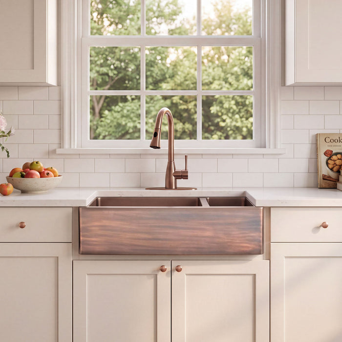 Nauxus Doble Bowl Handcrafted Custom Copper Farmhouse Kitchen Sink - FMHK06-NX
