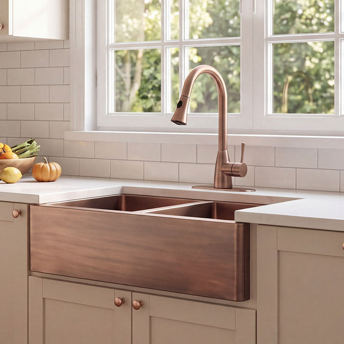 Nauxus Doble Bowl Handcrafted Custom Copper Farmhouse Kitchen Sink - FMHK06-NX