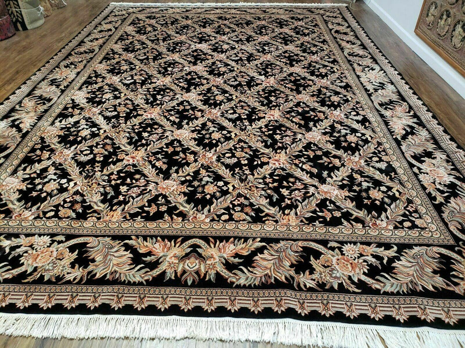 10' X 14' Handmade Fine Chinese Allover Floral Wool Rug Hand Knotted Black Nice - Farmhouse Kitchen and Bath