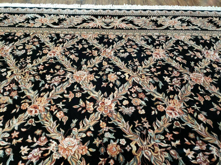 10' X 14' Handmade Fine Chinese Allover Floral Wool Rug Hand Knotted Black Nice - Farmhouse Kitchen and Bath