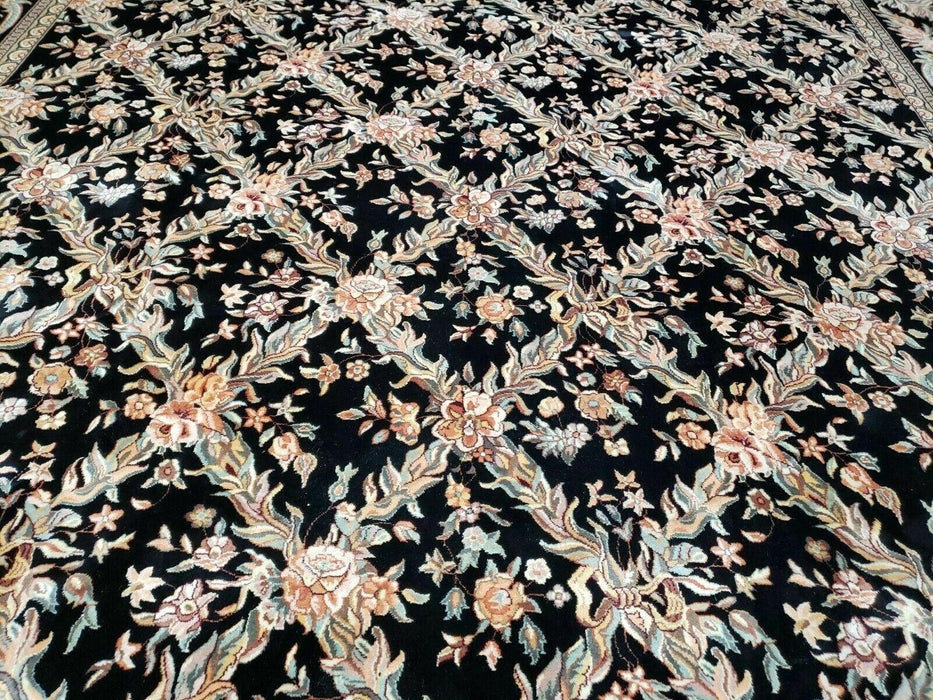 10' X 14' Handmade Fine Chinese Allover Floral Wool Rug Hand Knotted Black Nice - Farmhouse Kitchen and Bath