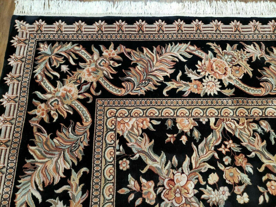 10' X 14' Handmade Fine Chinese Allover Floral Wool Rug Hand Knotted Black Nice - Farmhouse Kitchen and Bath