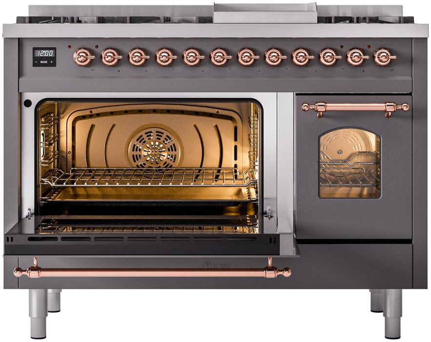 ILVE Nostalgie II 48" Dual Fuel Liquid Propane Range, Matte Graphite, Copper Trim ILVE UP48FNMPMGPLP ILVE