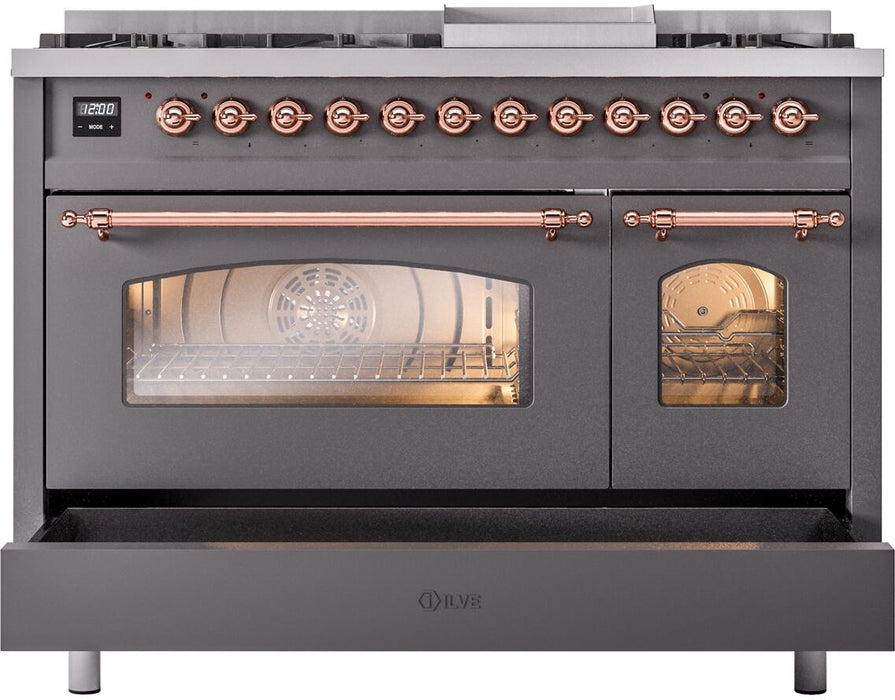 ILVE Nostalgie II 48" Dual Fuel Liquid Propane Range, Matte Graphite, Copper Trim ILVE UP48FNMPMGPLP ILVE